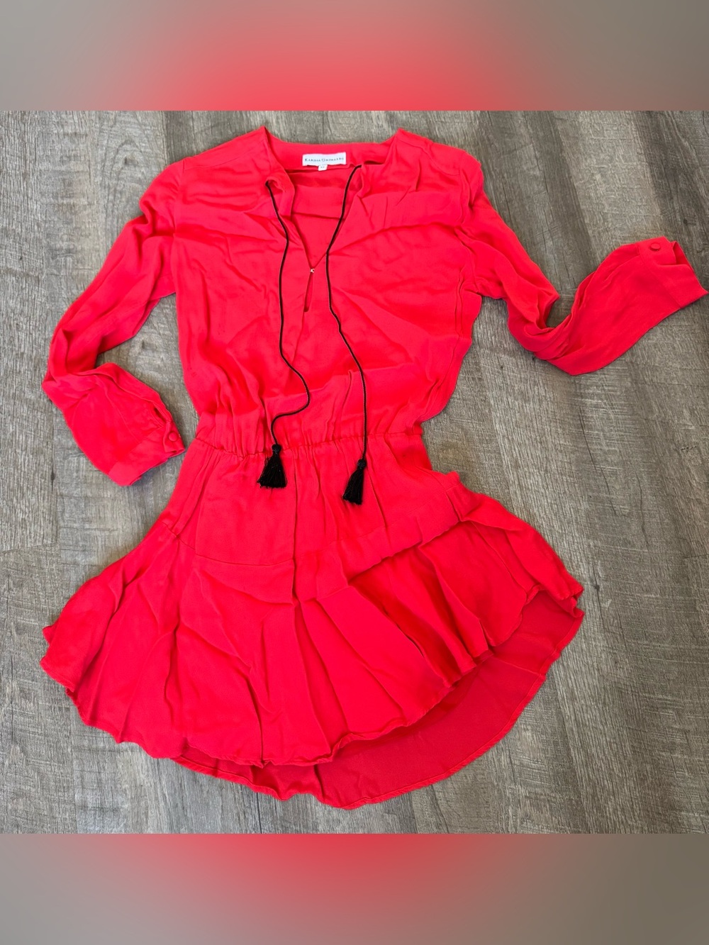 Designer Karina Grimaldi XS Red Solid V-Neck Long Sleeve Tassel Dress,MSRP: $280